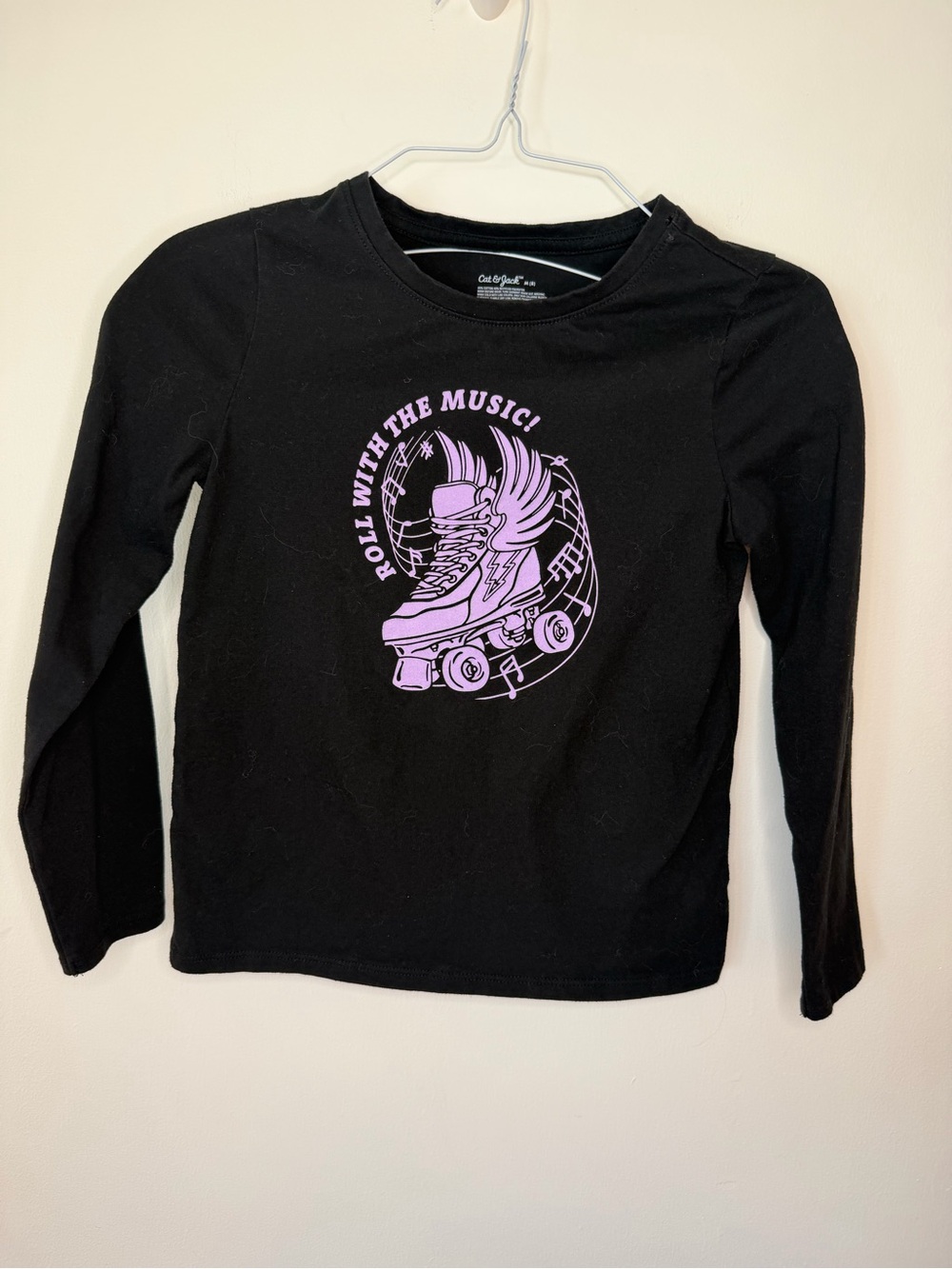 Cat & Jack Black Long Sleeve Tee with Lilac Roller Skate Graphic kids size M